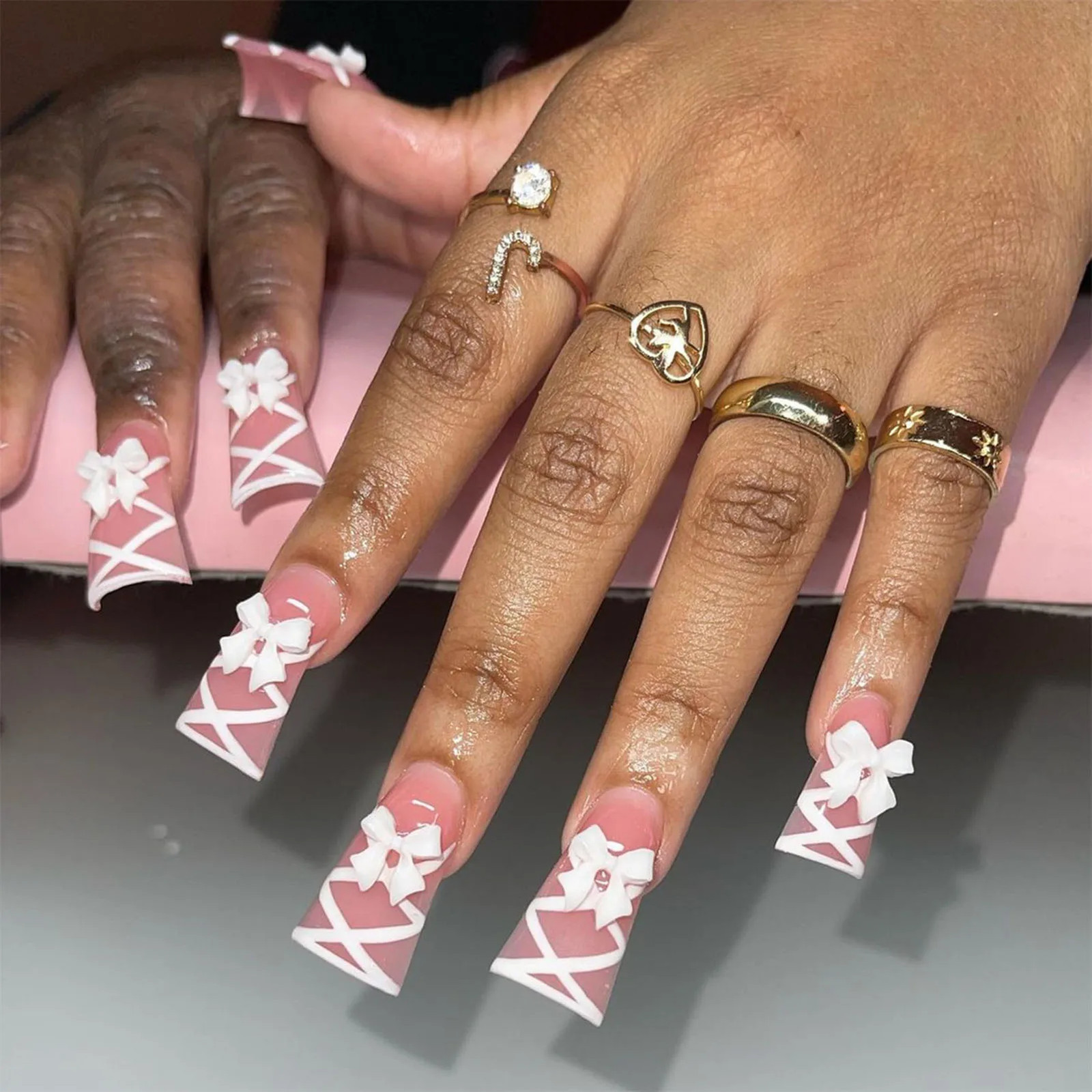 Pink Leopard Duckbill Press On Nails Sweet French Full Cover False Nails