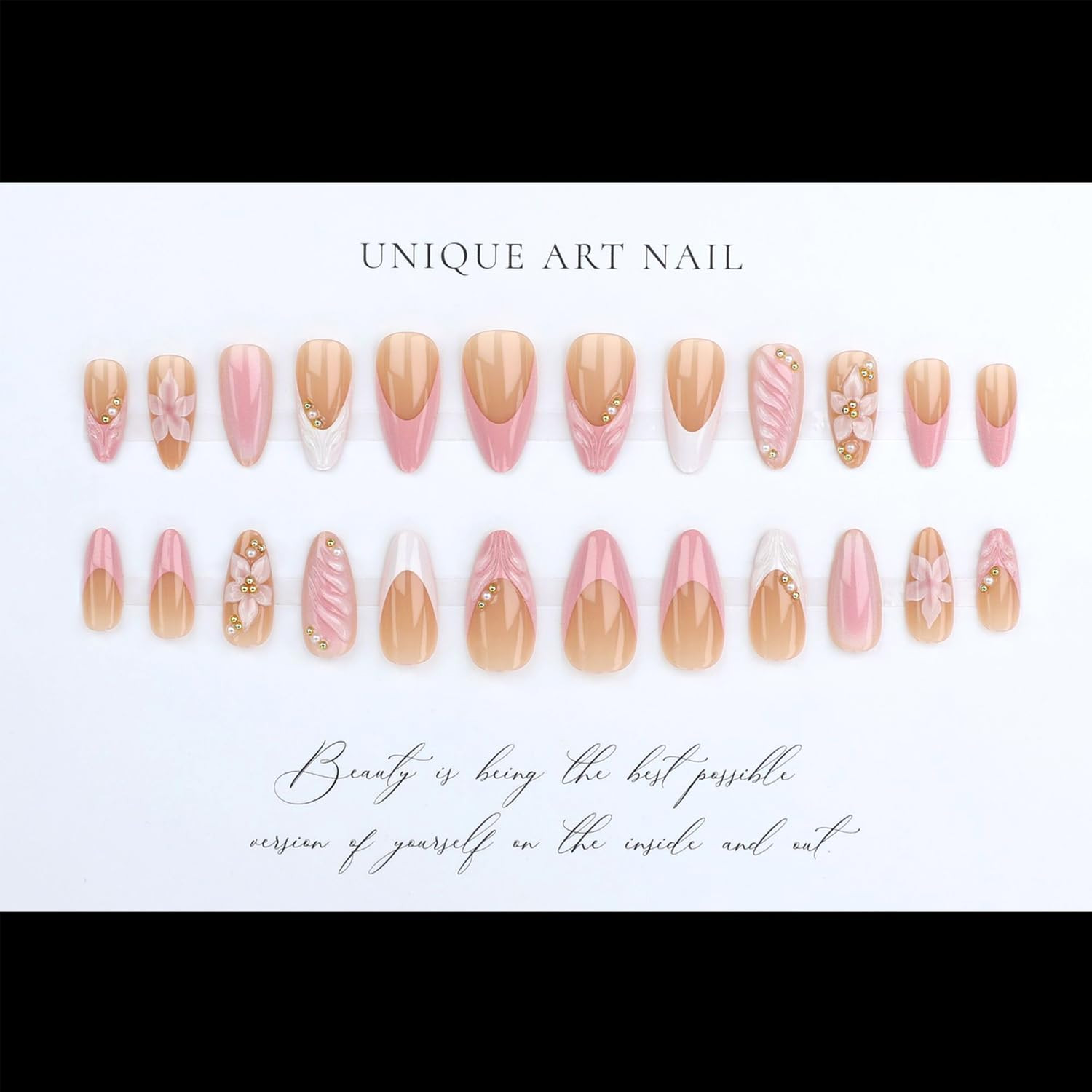 24Pcs French Tip Press on Nails Medium Almond Fake Nails 3D Flowers Gold Bead De