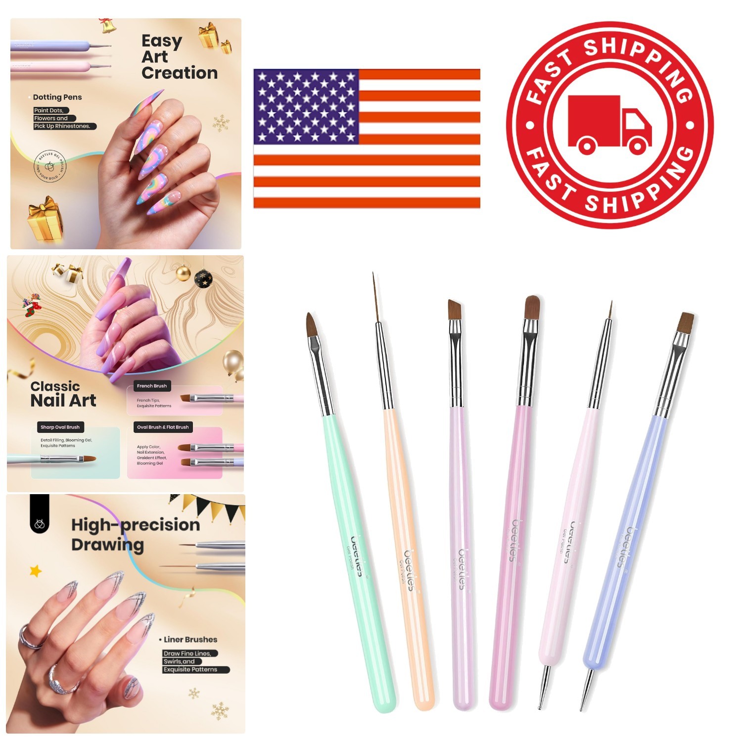 Professional Nail Brushes 6 Pcs Set with Wood Alloy Handles for Nail Art