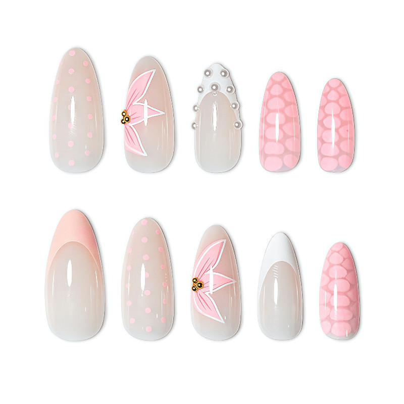 48Pcs-Sweet Light Pink Almond Mix Print Dot Star Lattice Line Press on Nails