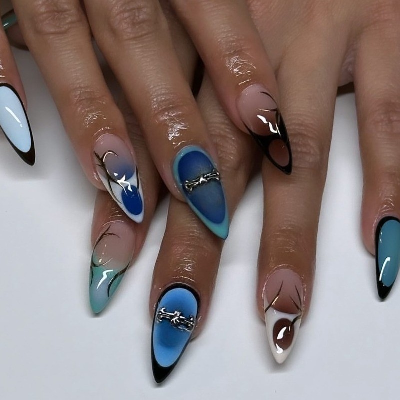 48pcs-Press on Nails Blue Ombre Cross Metal Decor Almond Glossy Nail Art Set