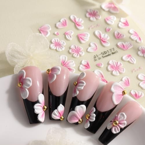 5D Embossed Flowers Nail Art Stickers, 5PCS Self-Adhesive Pink Colorful-04