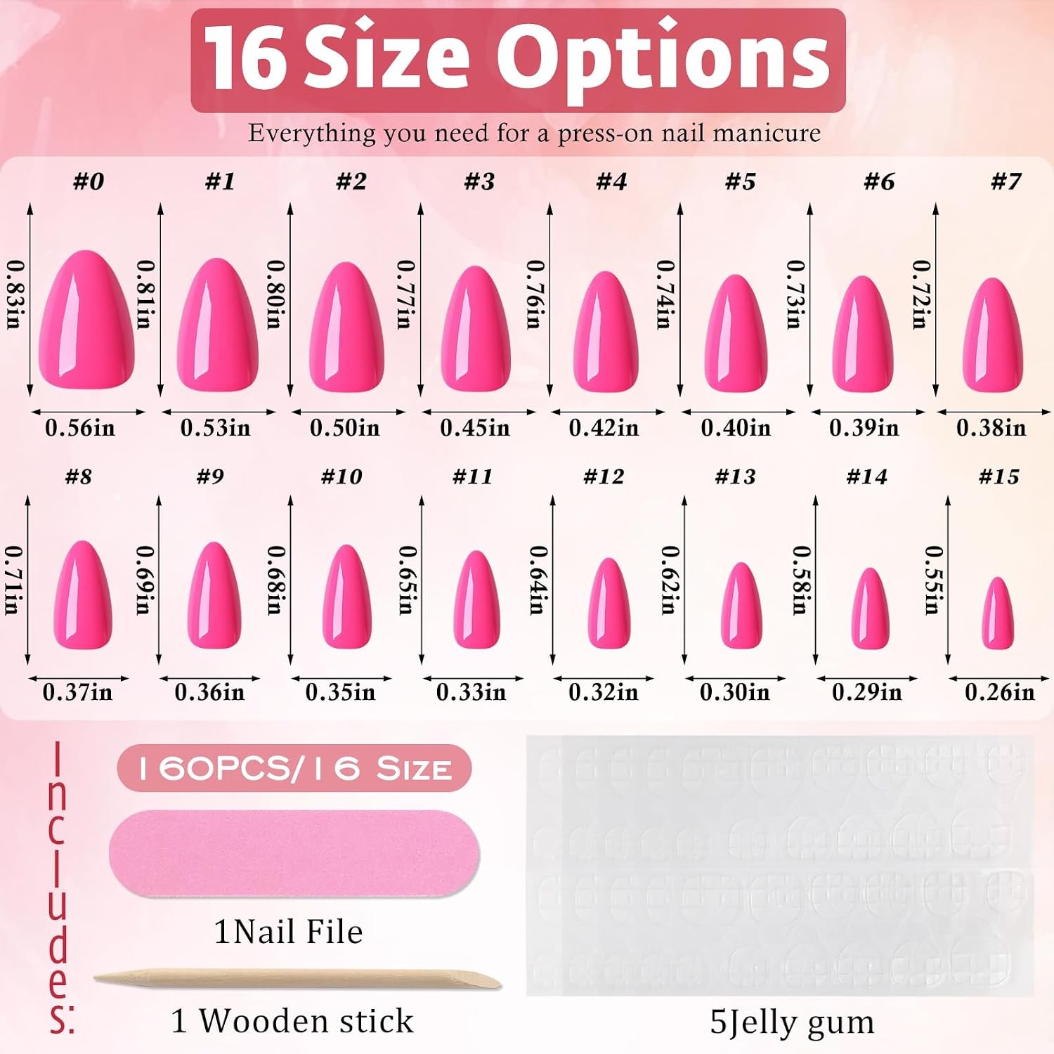 160Pcs Press on Nails Short Almond – Hot Pink Nails Press ons with 5 Pieces Jell