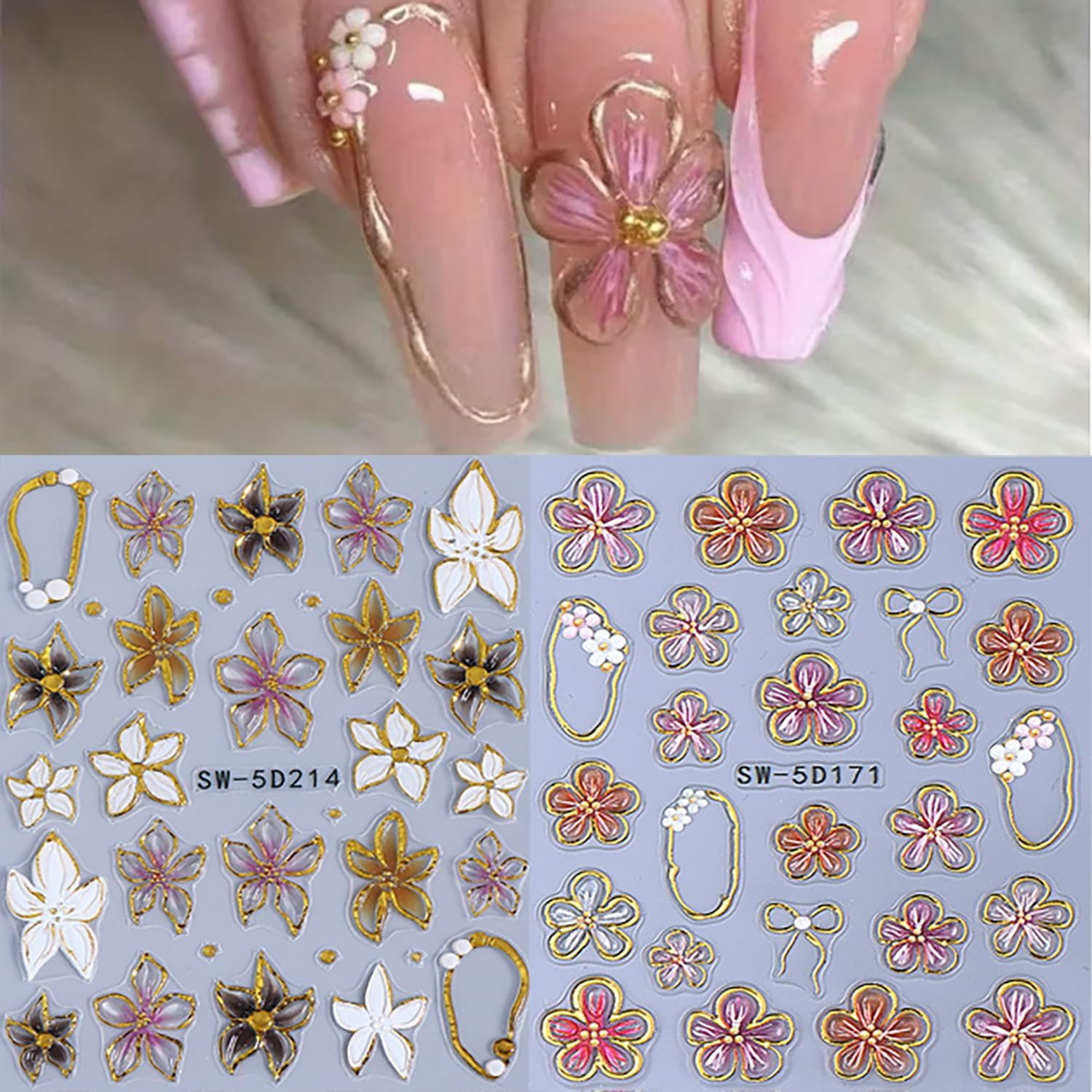 5D Embossed Gold Line Flower Nail Stickers – 2 Sheets Self-Adhesive Pink Floral