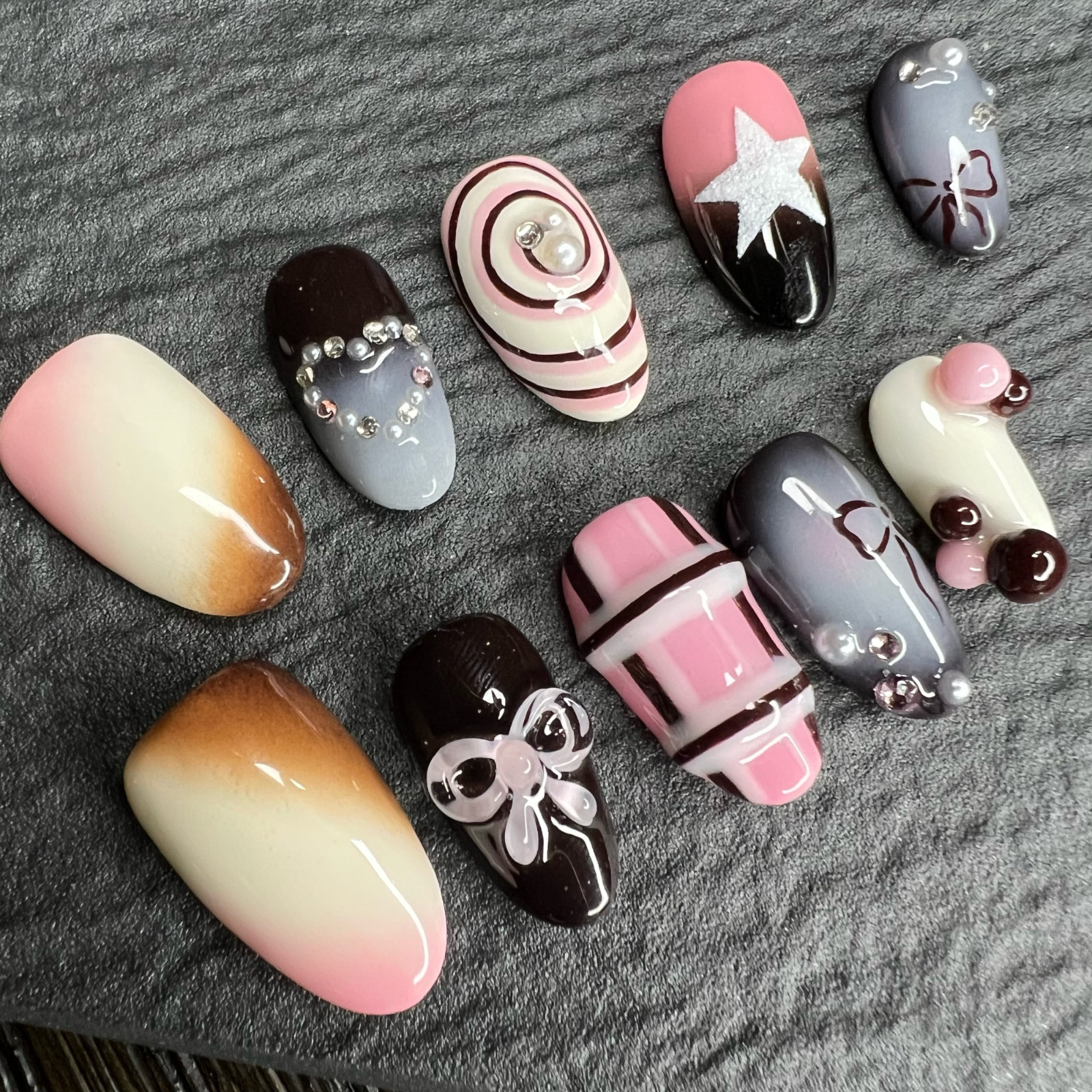 Neapolitan handmade nails-3D press on-pink white brown-ribbon star candy nail