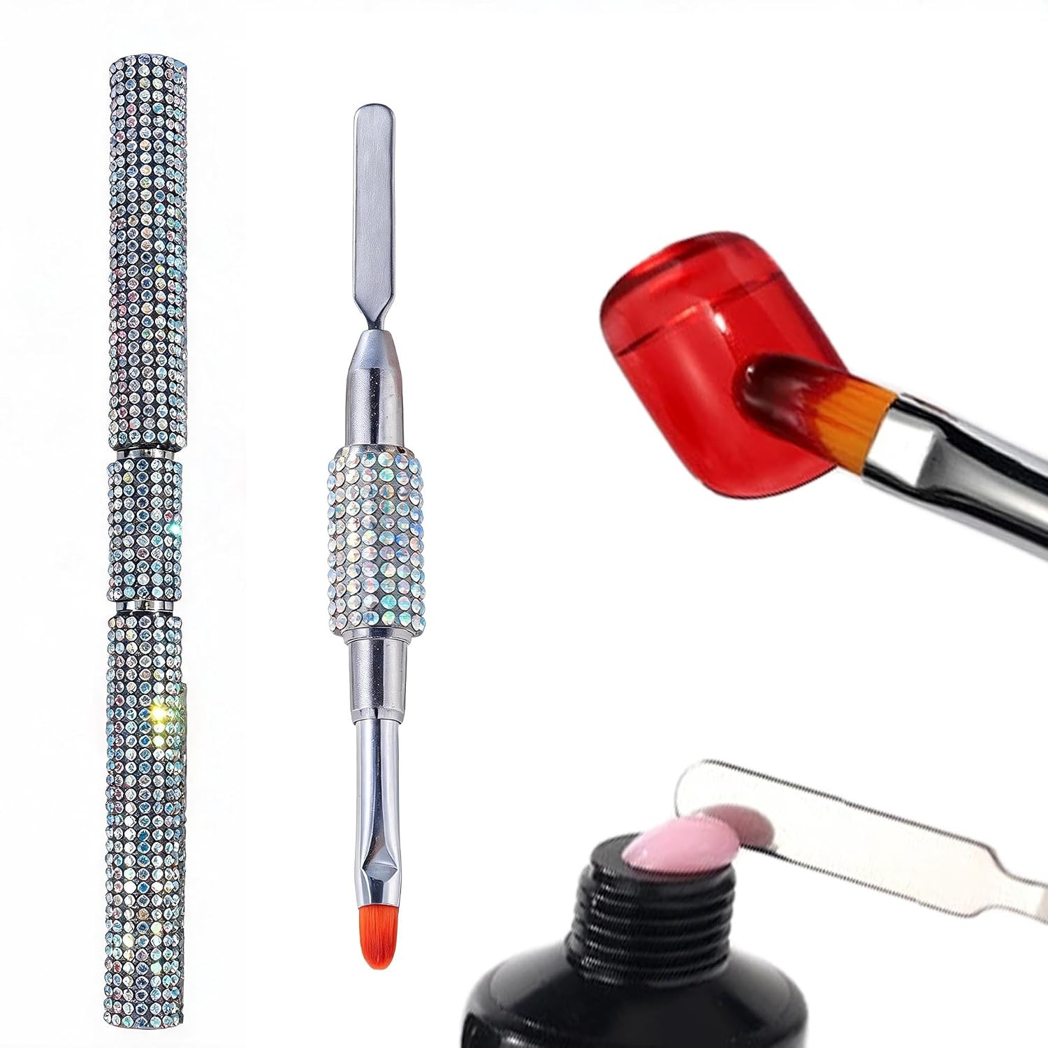 1 Pc Rhinestone-Studded 2-In-1 Dual Ended Polygel Nail Art Brush & Poly Gel Nail