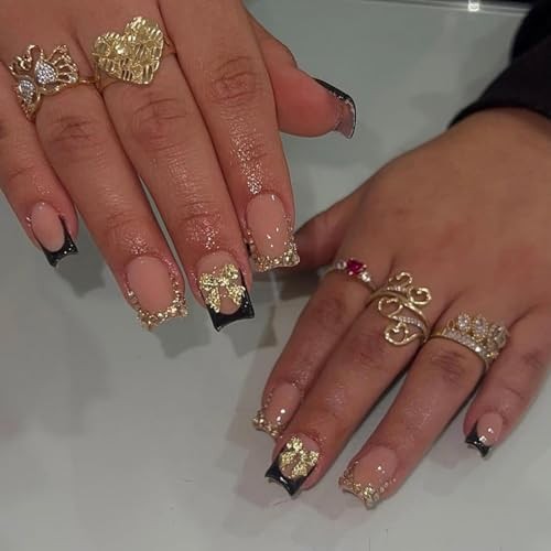 Bow Press on Nails Black French Tip Fake Nails Medium black french tip gold bow