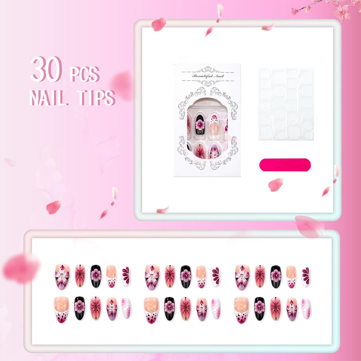 30Pcs 3D Flower Press on Nails Medium Almond Fake Nails Purple Pink Nude Gradien