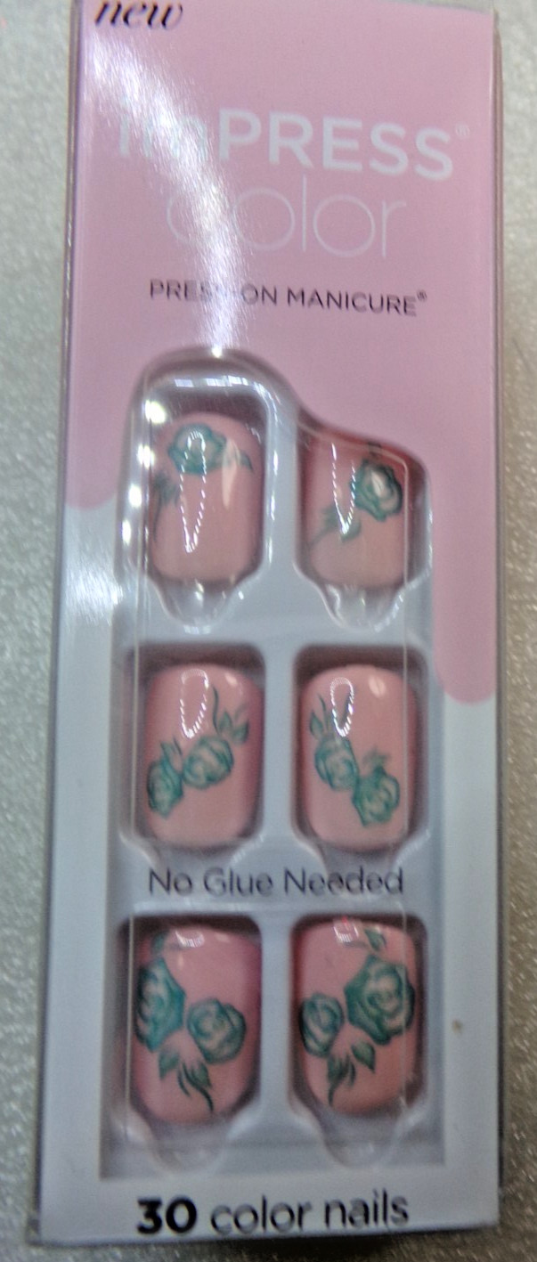 IMPRESS NAILS PRESS ON Short – Shiny Light Pink, Green Roses, Square Shape