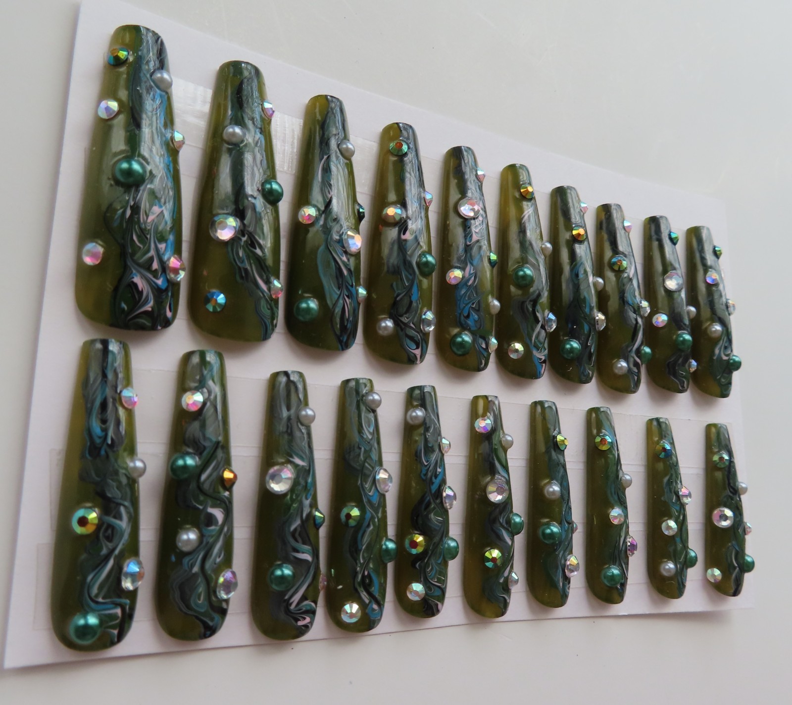 XL Dark Green Blue Marble Rhinestone Pearl Square Coffin Press On Nails (20)