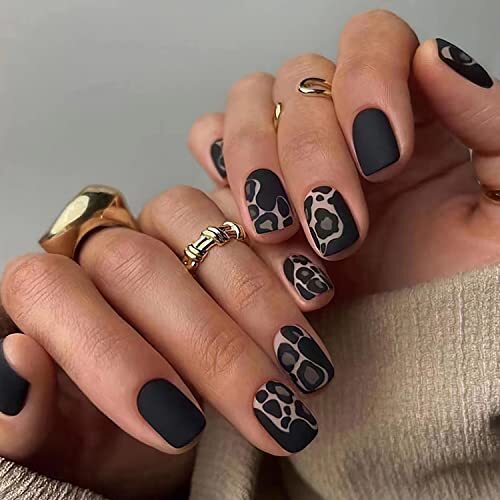 Press on Nails Short with Leopard Designs, 24Pcs Full Cover Reusable False