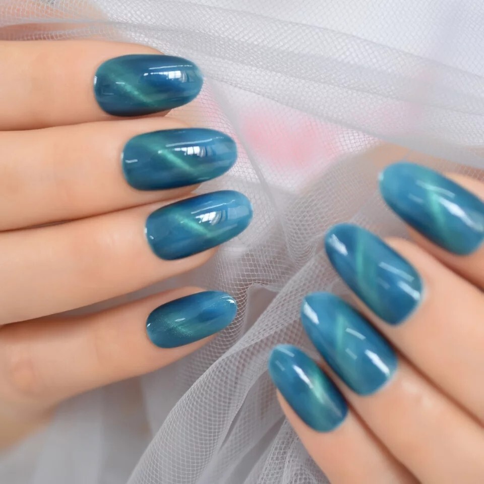24 Aquamarine Galaxy Cat Eye Gel Press On Nails Glossy medium Blue magnet teal