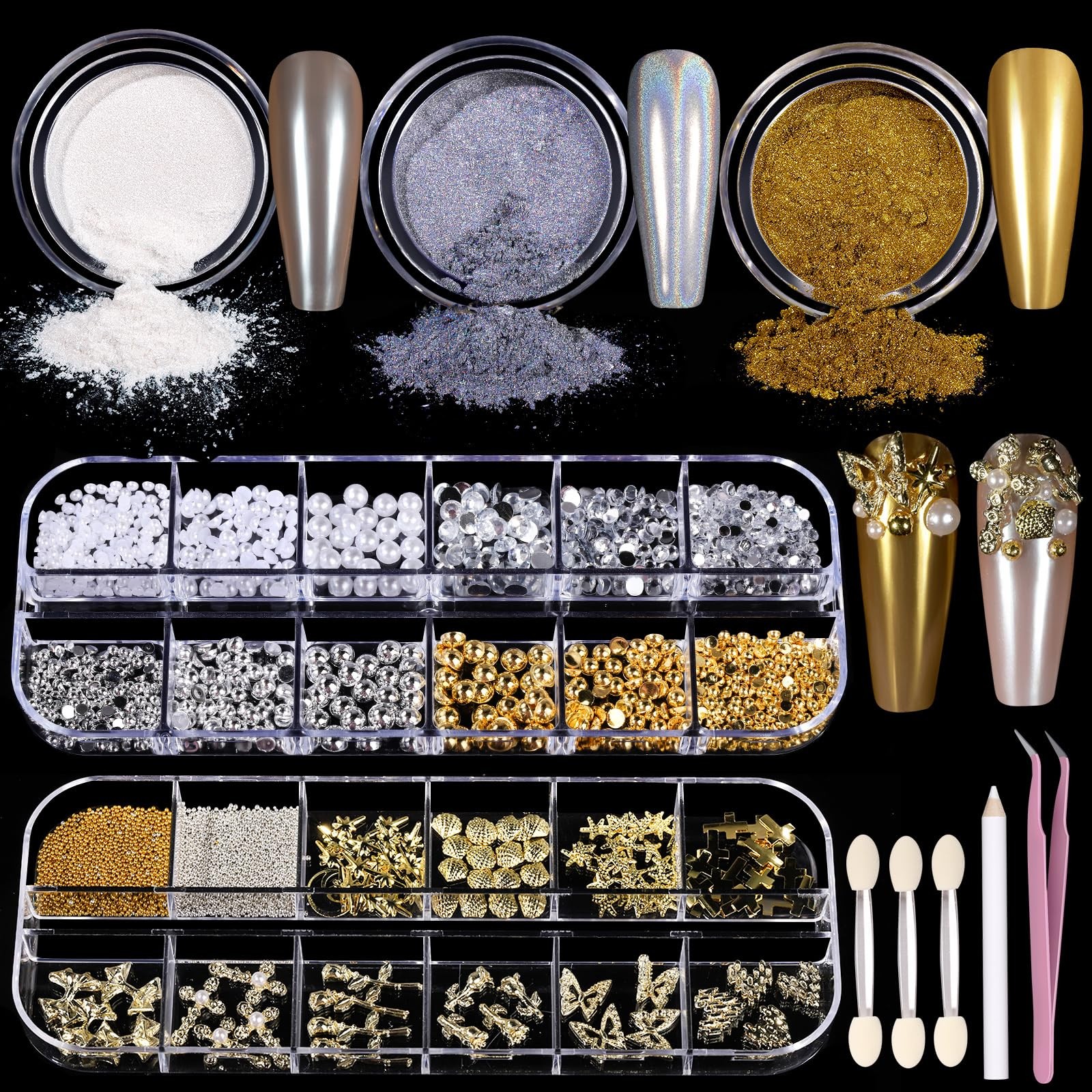 Teenitor Gold Chrome Nail Powder Kit with White Pearl/Gold/Holographic Silver
