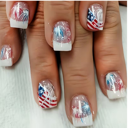 Presson Fingernails 24pcs Patriotic Press-On Nails Set, French Glossy F031