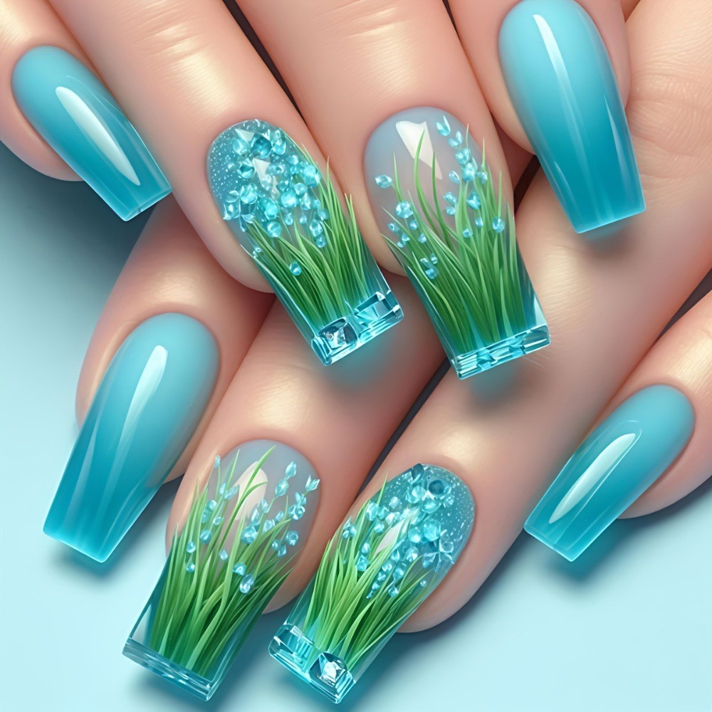 24pcs Ocean Press-On Nails: Coral, Jellyfish Mermaid Designs.Reusable Salon Art.
