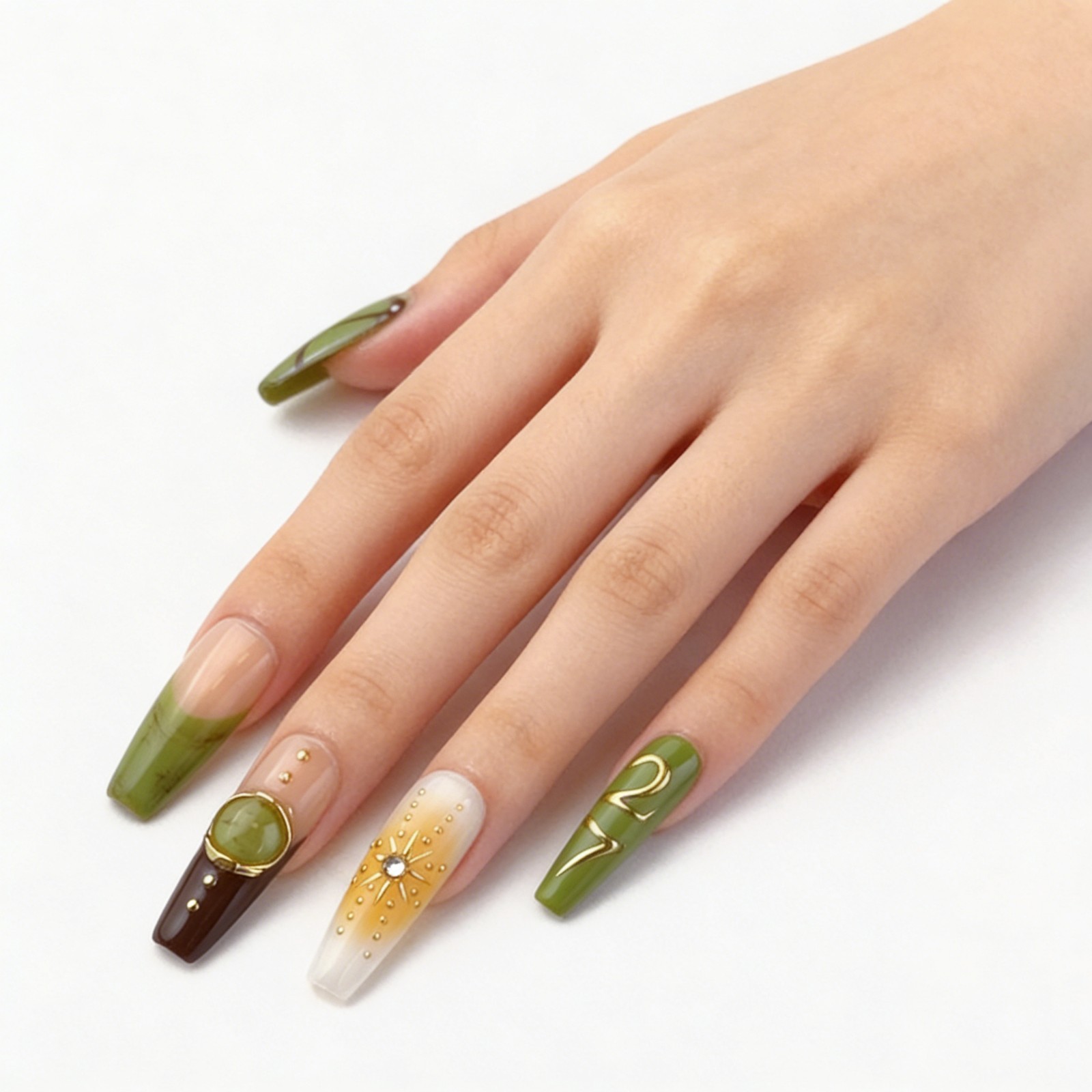 Long Coffin Tropical Jungle Press-On Nails with Gold & Amber Accents handmade