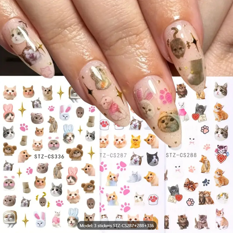3 Sheets Cat Kitten Footprint Nail Stickers 3D Self-Adhesive Cartoon Animal NS2