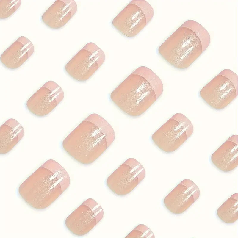 Elegant French Pearl Gloss Press On Nails – 24pcs Pink Square Short False Nail
