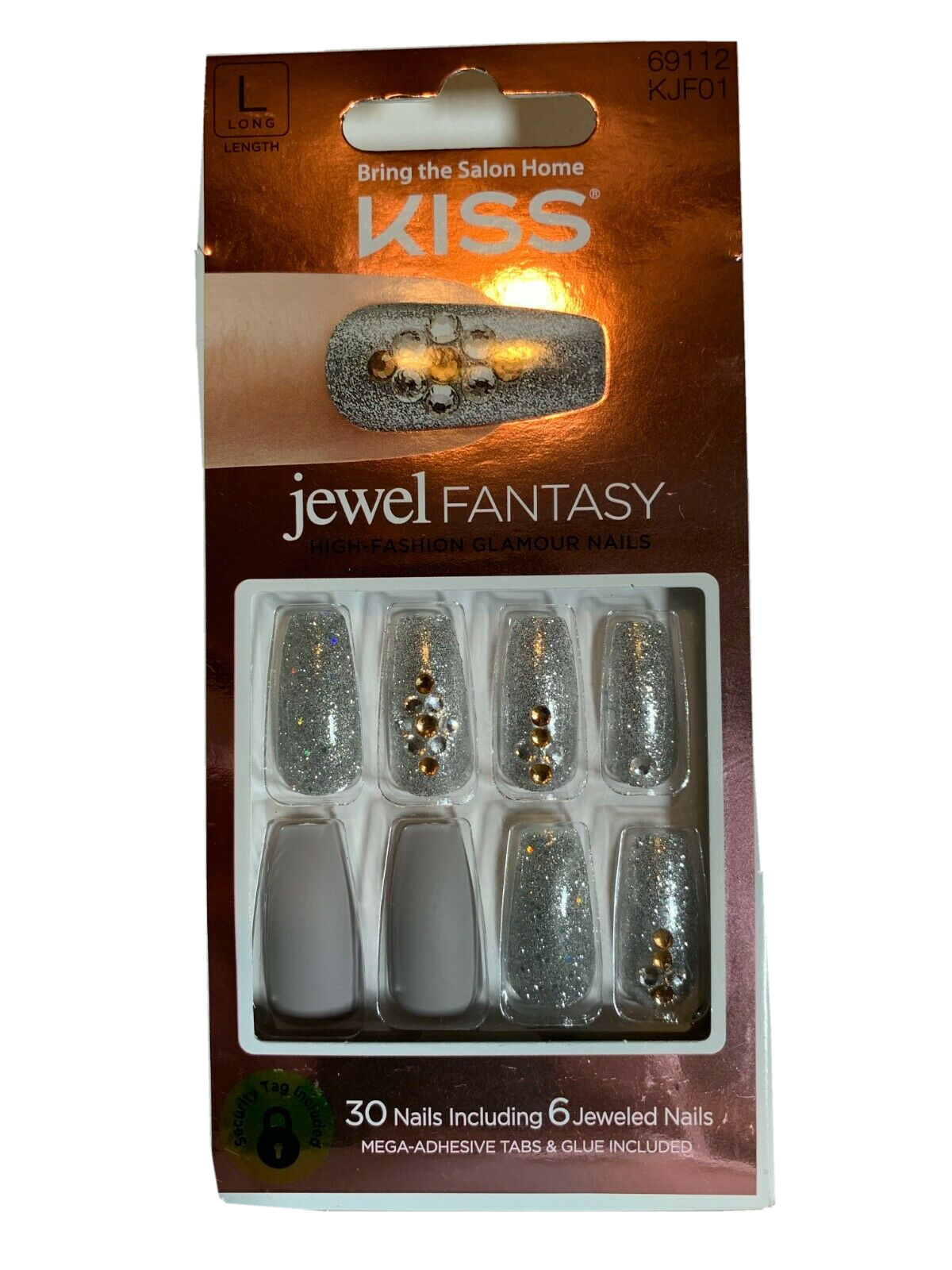 Kiss Nails Jewel Glue on Manicure Long Silver Gray Glitter Jeweled matte
