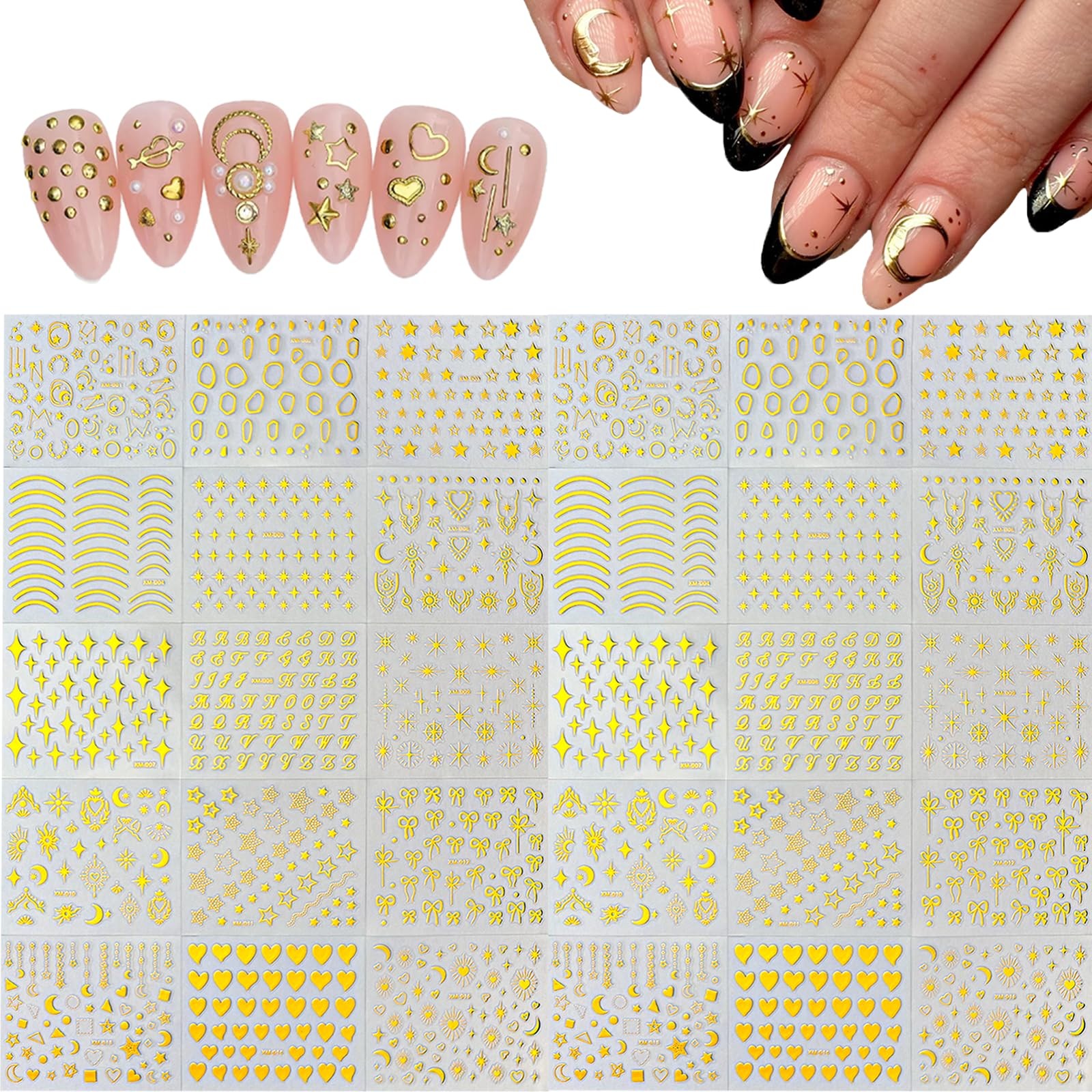 30 Sheets Gold Star Nail Art Stickers 3D Adhesive Moon Star Nail Decals Heart…