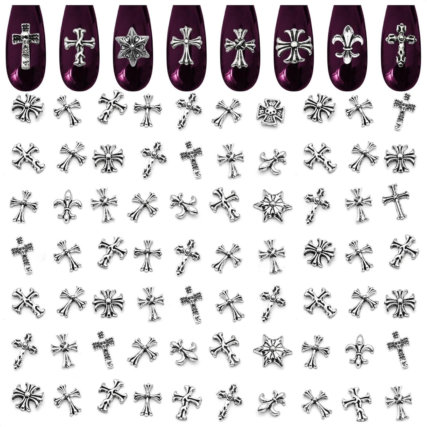 120 Pcs Cross Nail Charms and Gems – 3D Acrylic Silver Cross Charms for Nails…