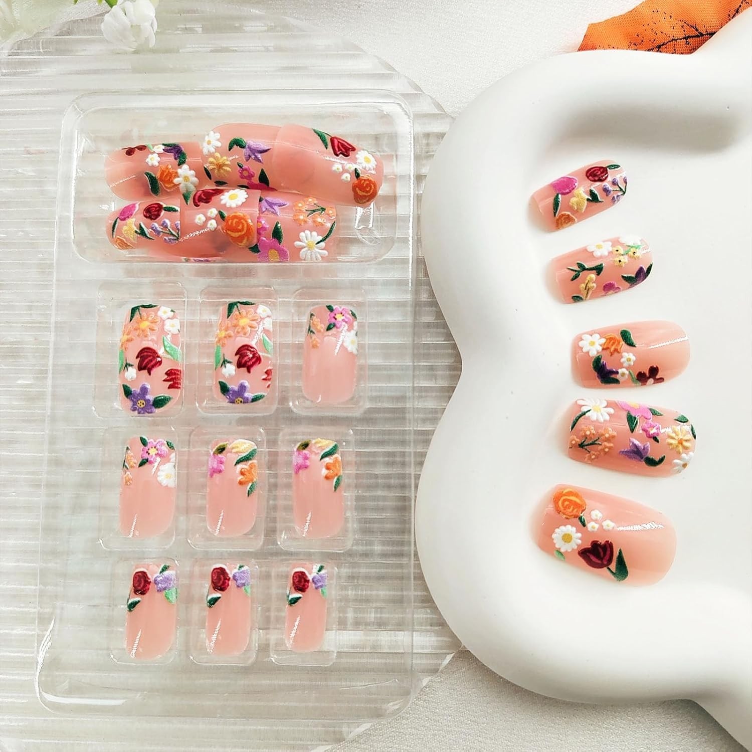 Acrylic Press On Nails Medium Colorful Floral Design Perfect for Any Occasion