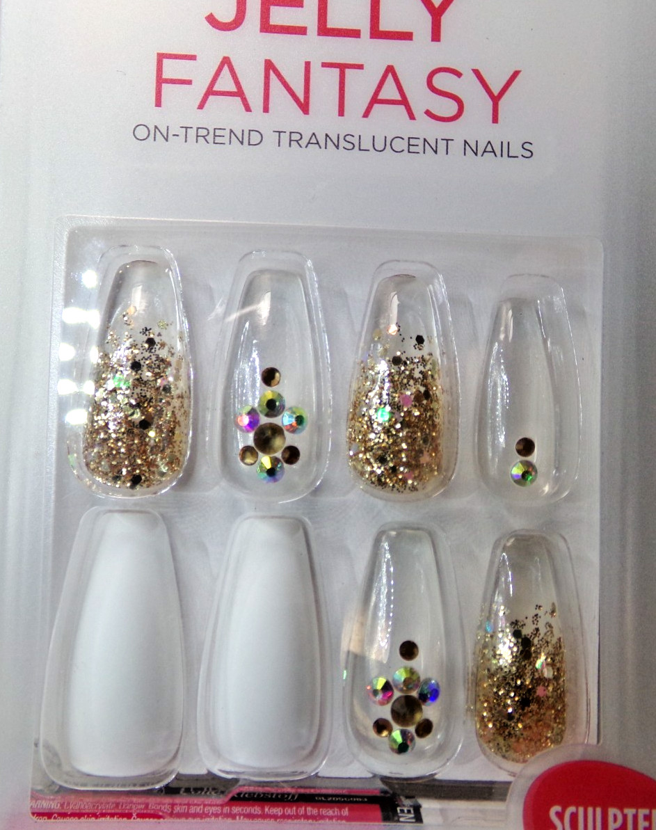 KISS JELLY FANTASY NAILS GLUE ON White & Clear LONG LENGTH, SCULPTED