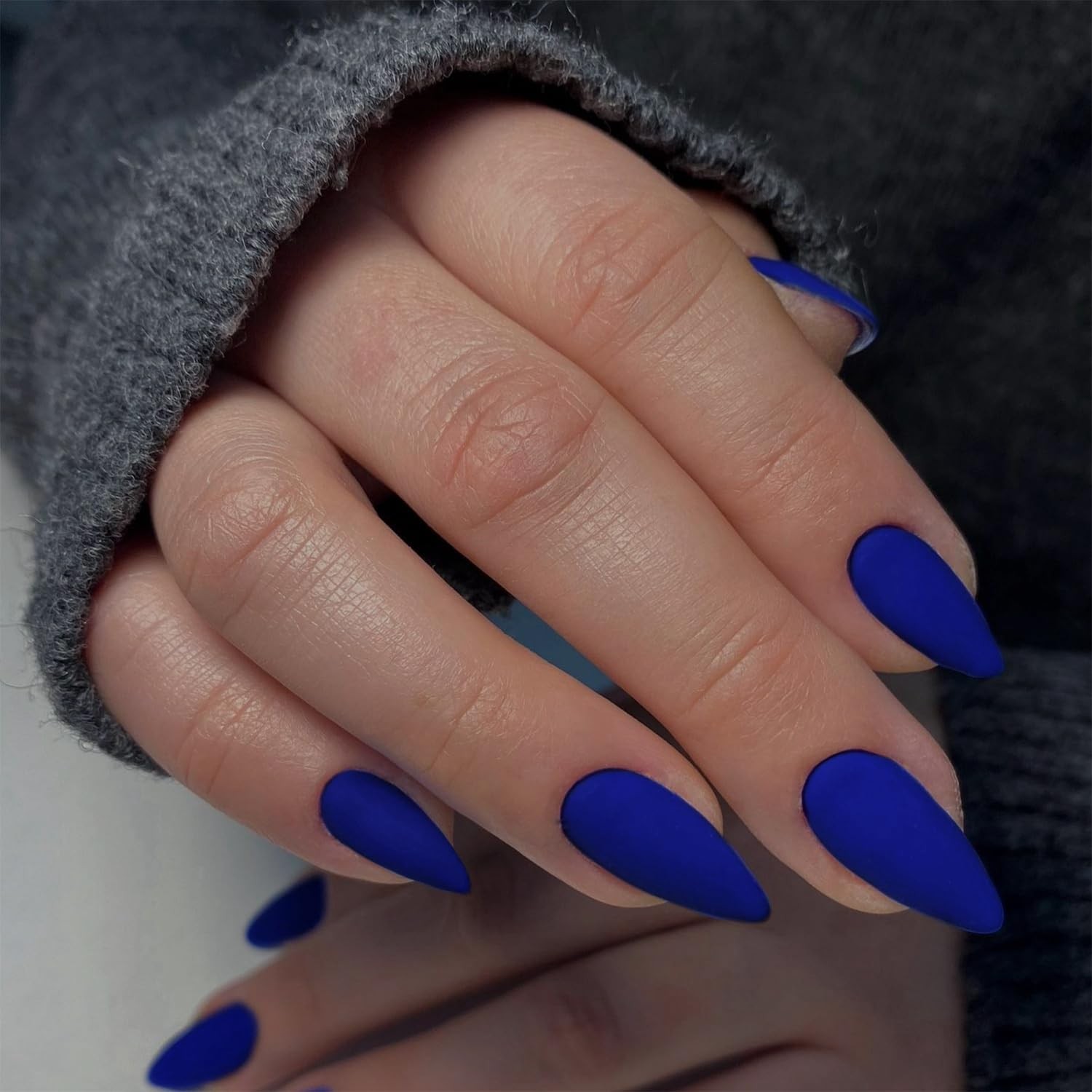 Matte Royal Blue Press on Nails – Medium Almond Shaped Acrylic Fake Nails – S…