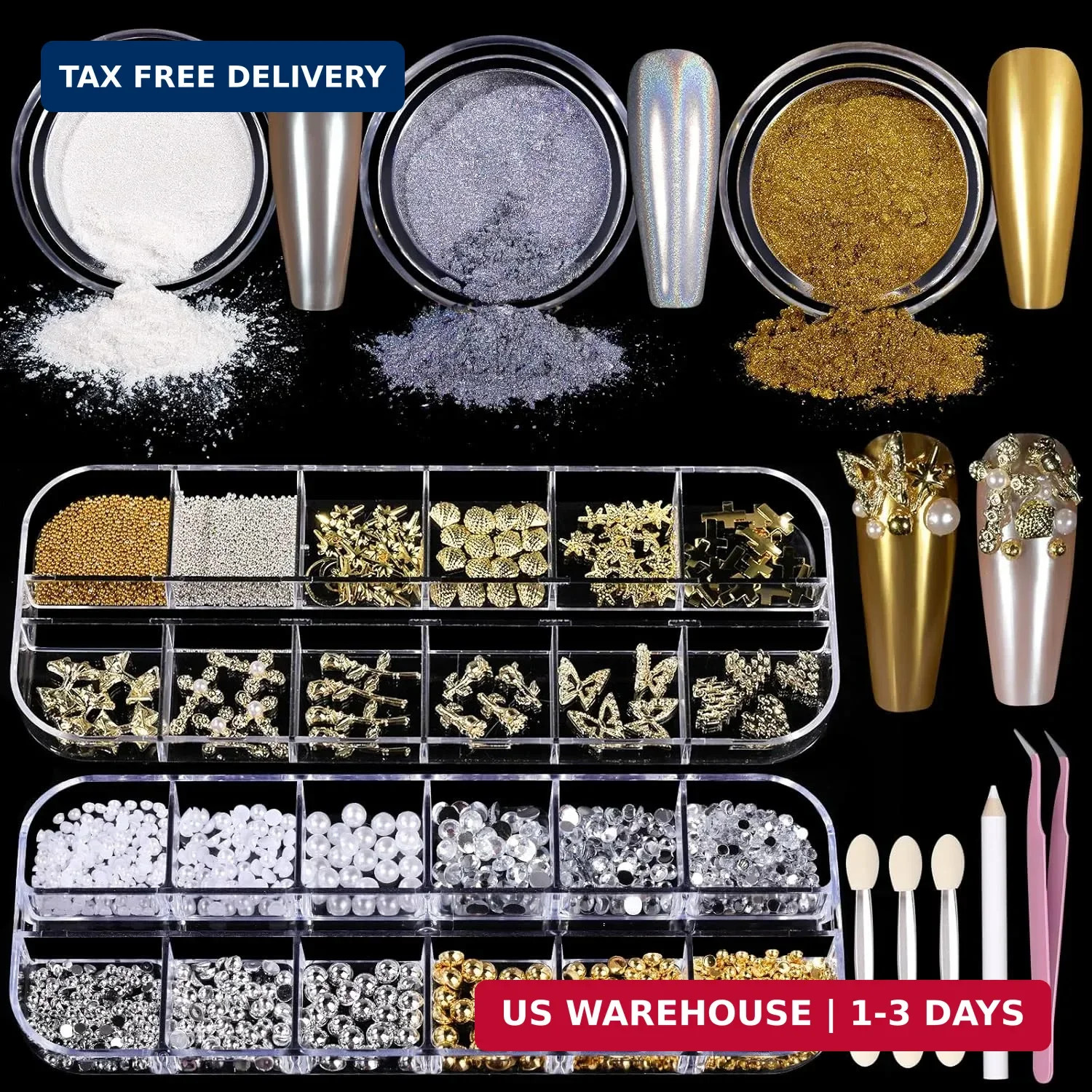 Gold Chrome Nail Powder Kit with Nail Charms and Gems, Pearl Nail Chrom