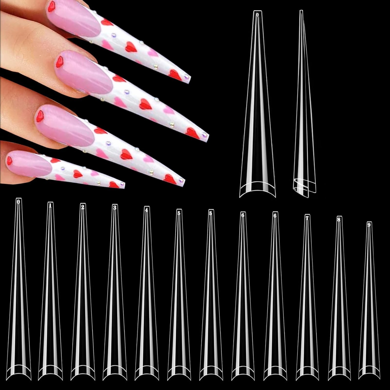 Puntas de uñas stiletto 4XL, largas y transparentes, para uñas acrílicas