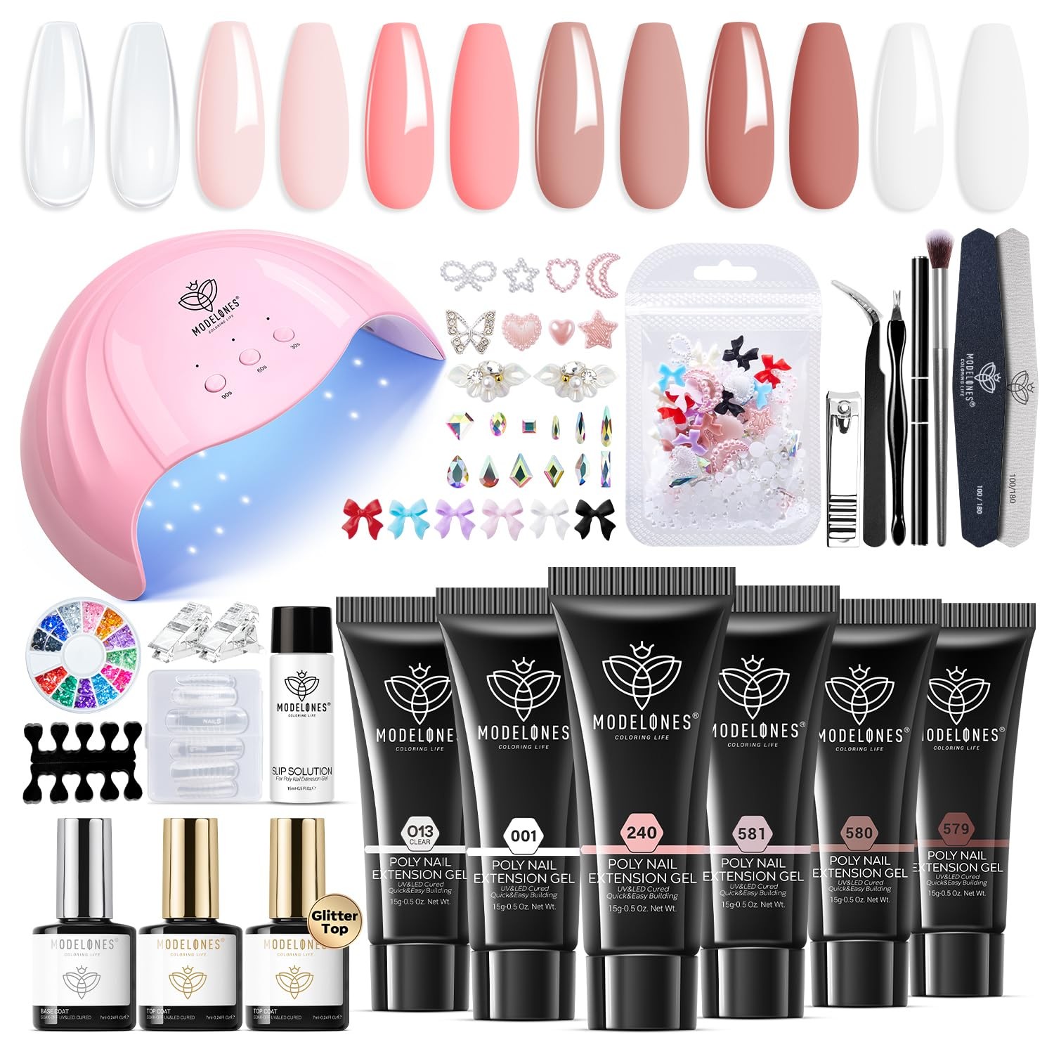 6 Color Poly Nail Gel Kit With 48W UV LED Lamp Charms Slip Solution Set