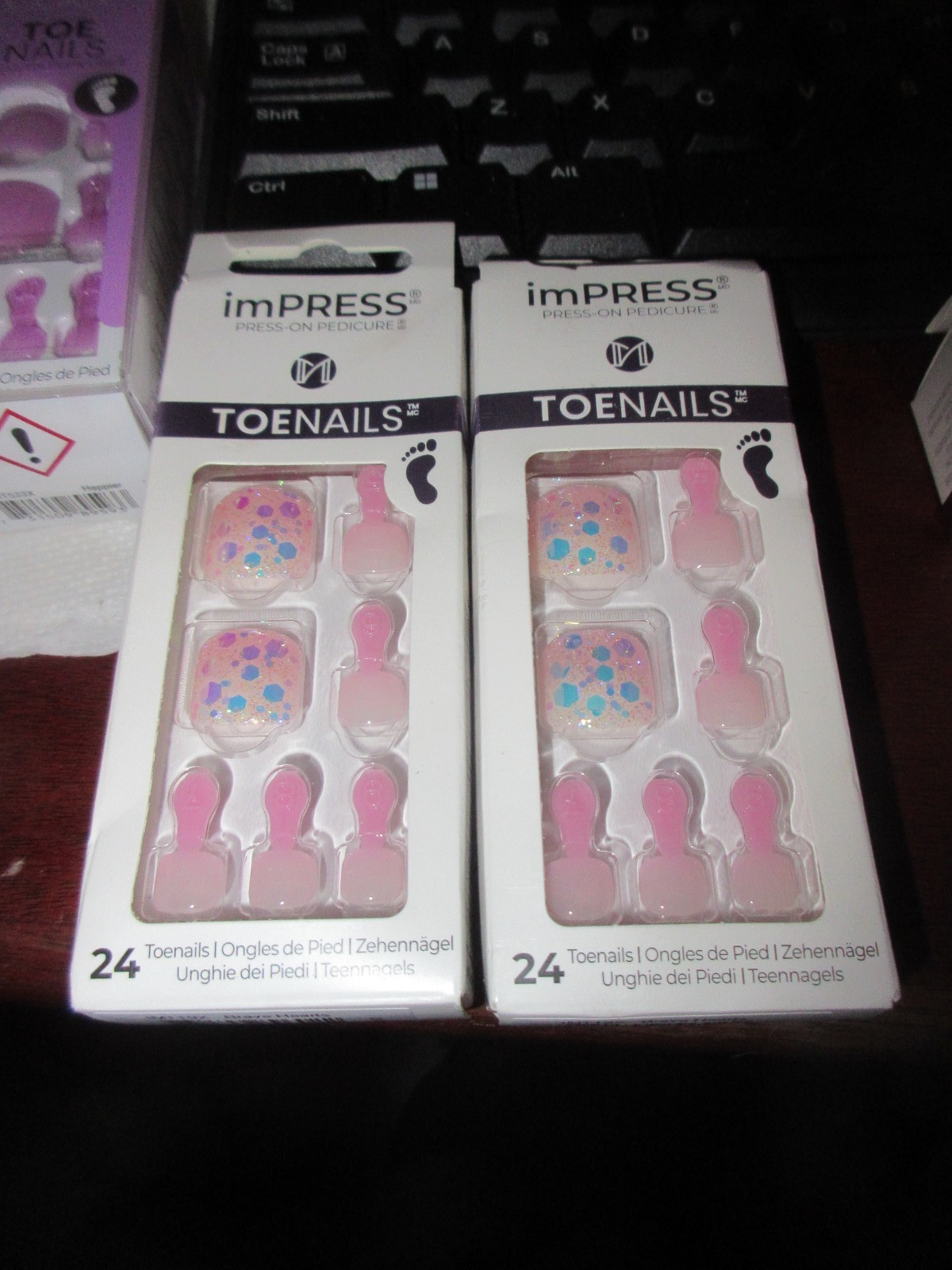 Press-On Nail Pedicure LOT of 2 Brave Hearts Pink Glitter No Glue NEW imPRESS