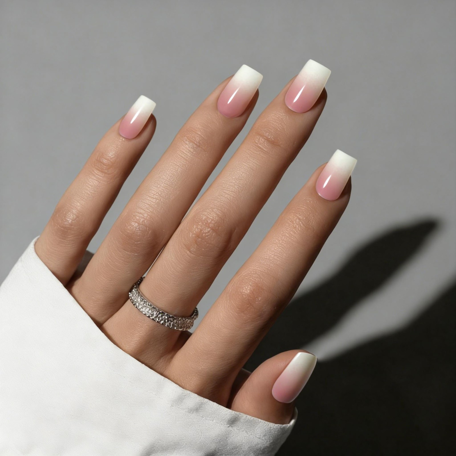 Ombre Press On Nails Medium Short Square – White and Pink French Fake Nails w…