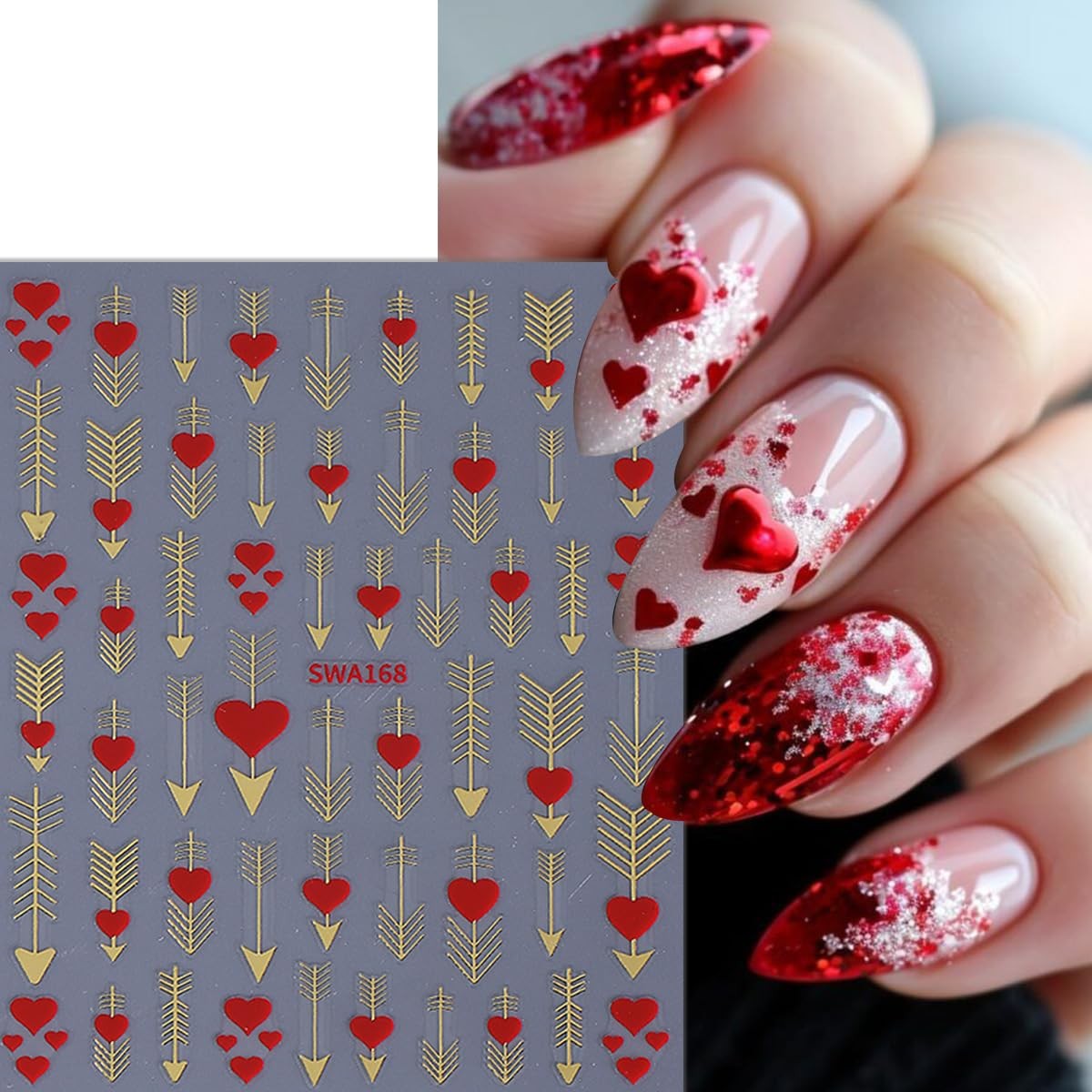 4 Sheets Valentines Nail Stickers 3D Self-Adhesive Pink Red Heart Nail Art St…