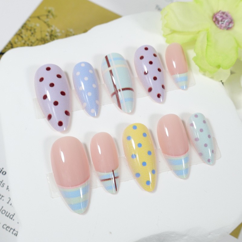 48Pcs-Medium Almond Blue Purple Yellow Polka Dot Plaid Fake Press on Nails Set