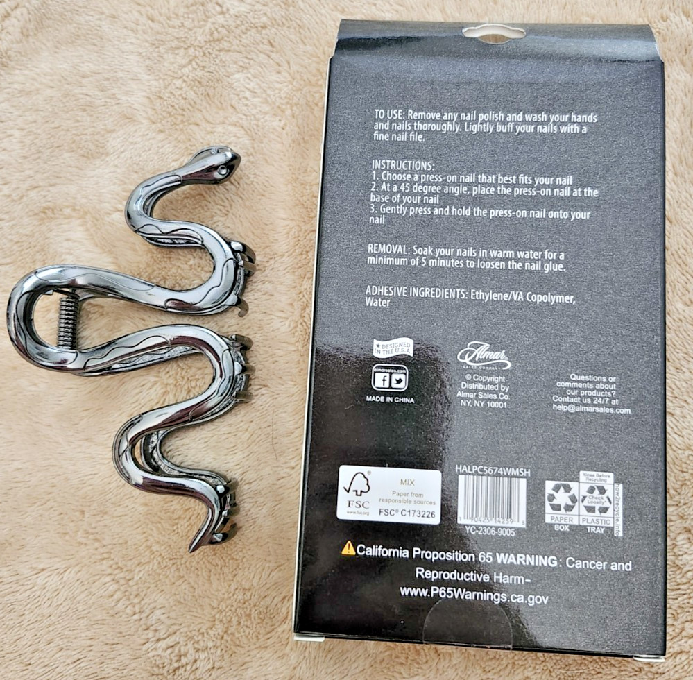 Black Grey Press On Nails & Metal Snake Hair Clip Bundle Goth Alternative Style