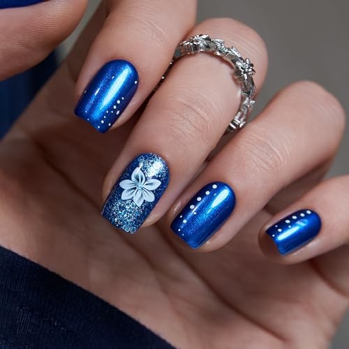 Press On Nails Short Square – Metallic Royal Blue Nails with White Flowers