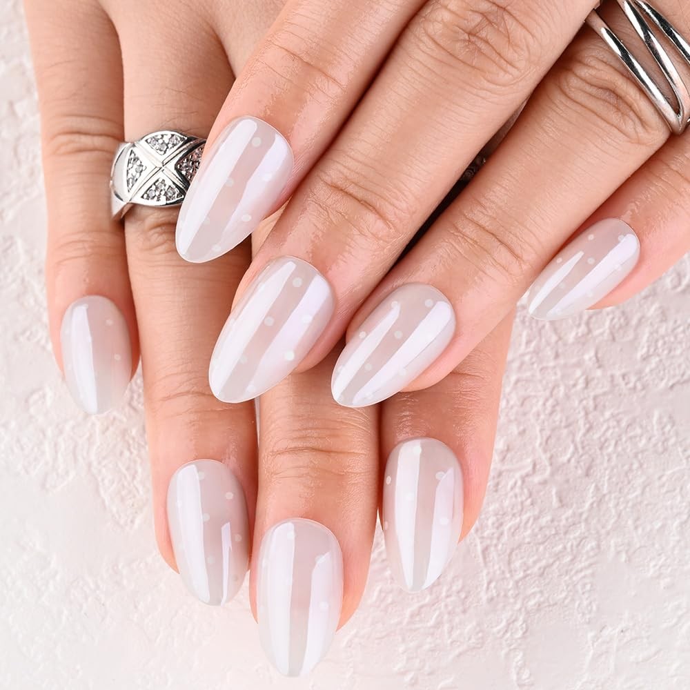 evpct Short Almond Glazed White Dot Press on Nails