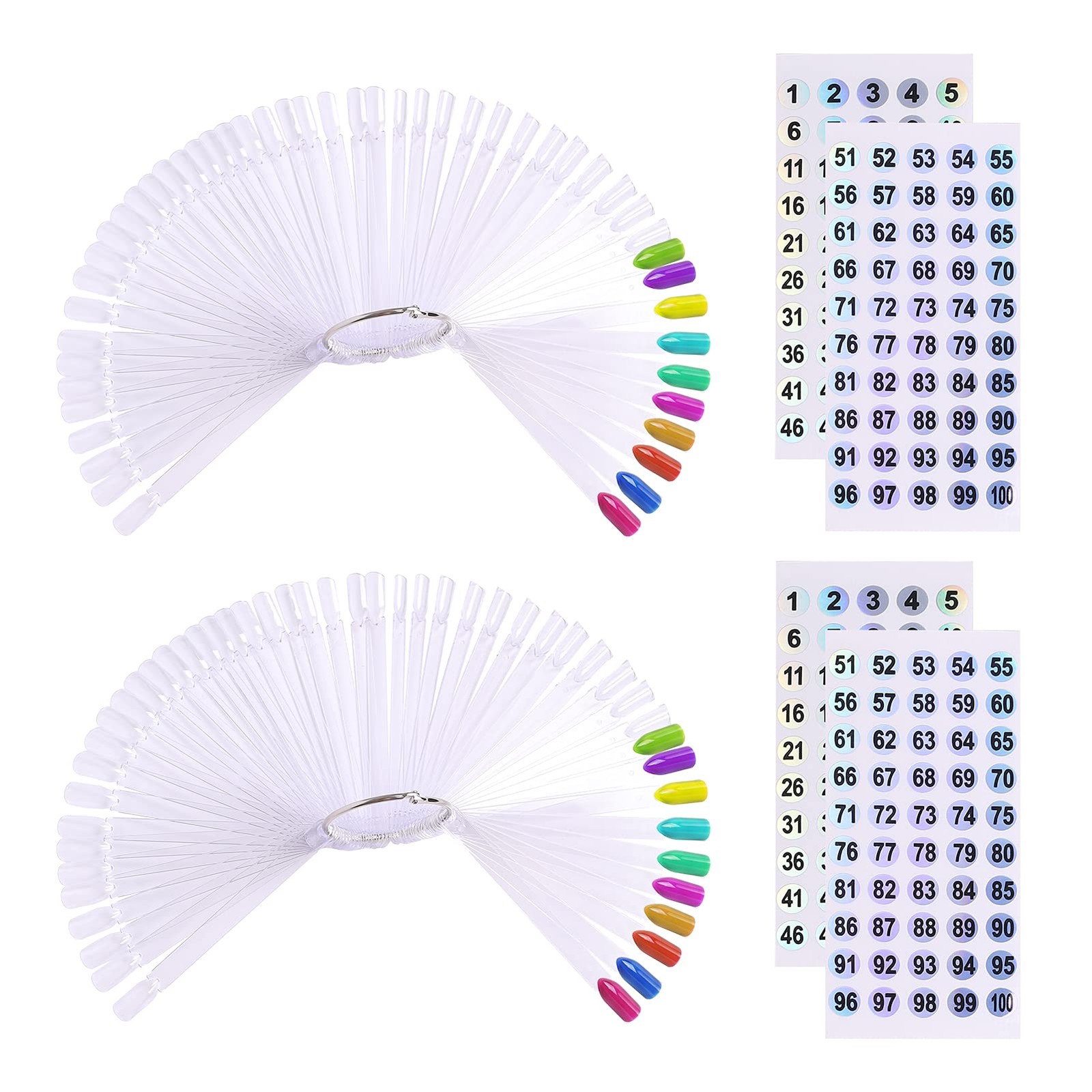 100PCS Fan-Shaped Nail Swatch Sticks with Holographic Number Stickers, Transp…