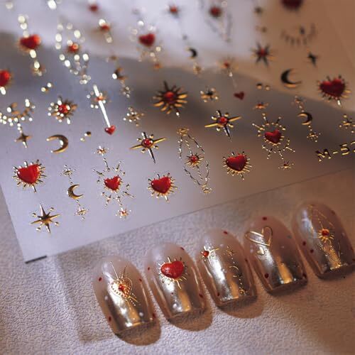 5D Embossed Gold Star Nail Stickers Red Heart Nail Decals Star Moon Style-23