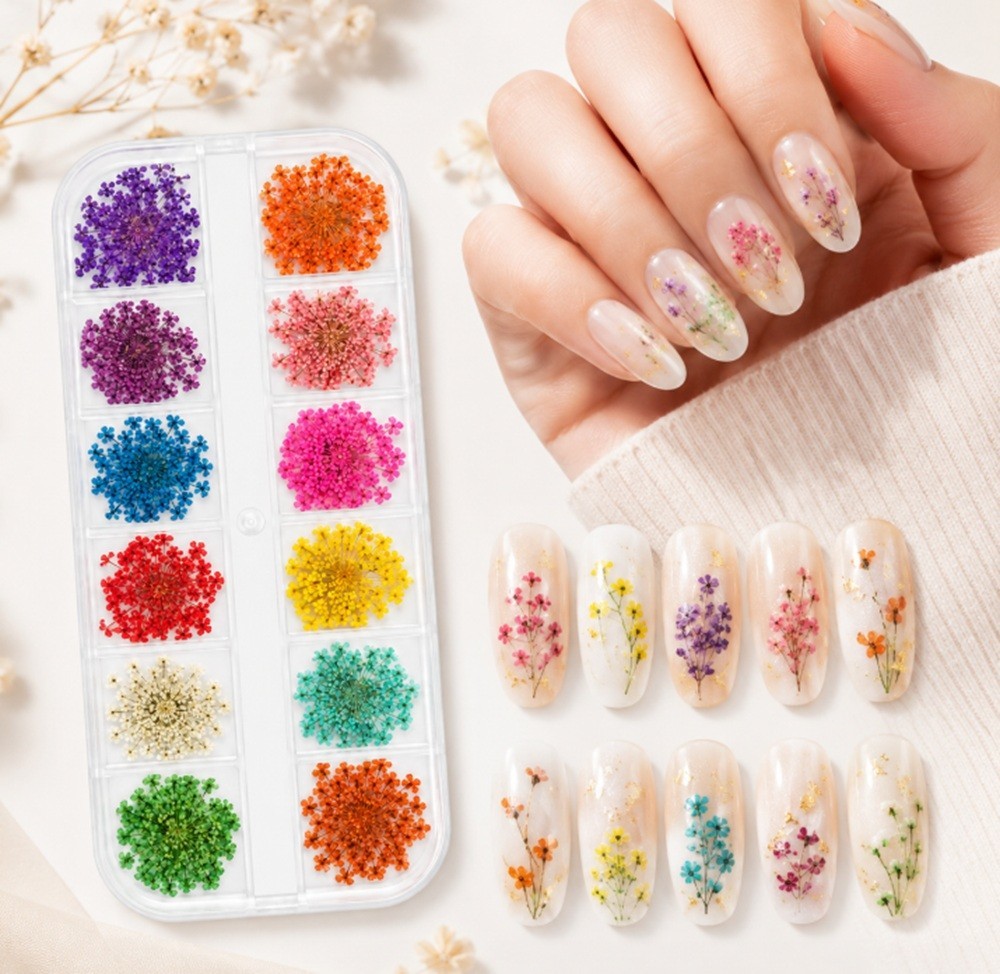 12-Color Real Dried Flowers Nail Art Set – 3D Decors DIY Manicure Tips Box