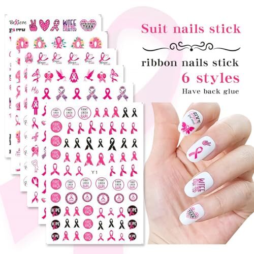 6 Sheets Breast Cancer Nail Art Stickers 3D Self-Adhesive Heart Letter Nail