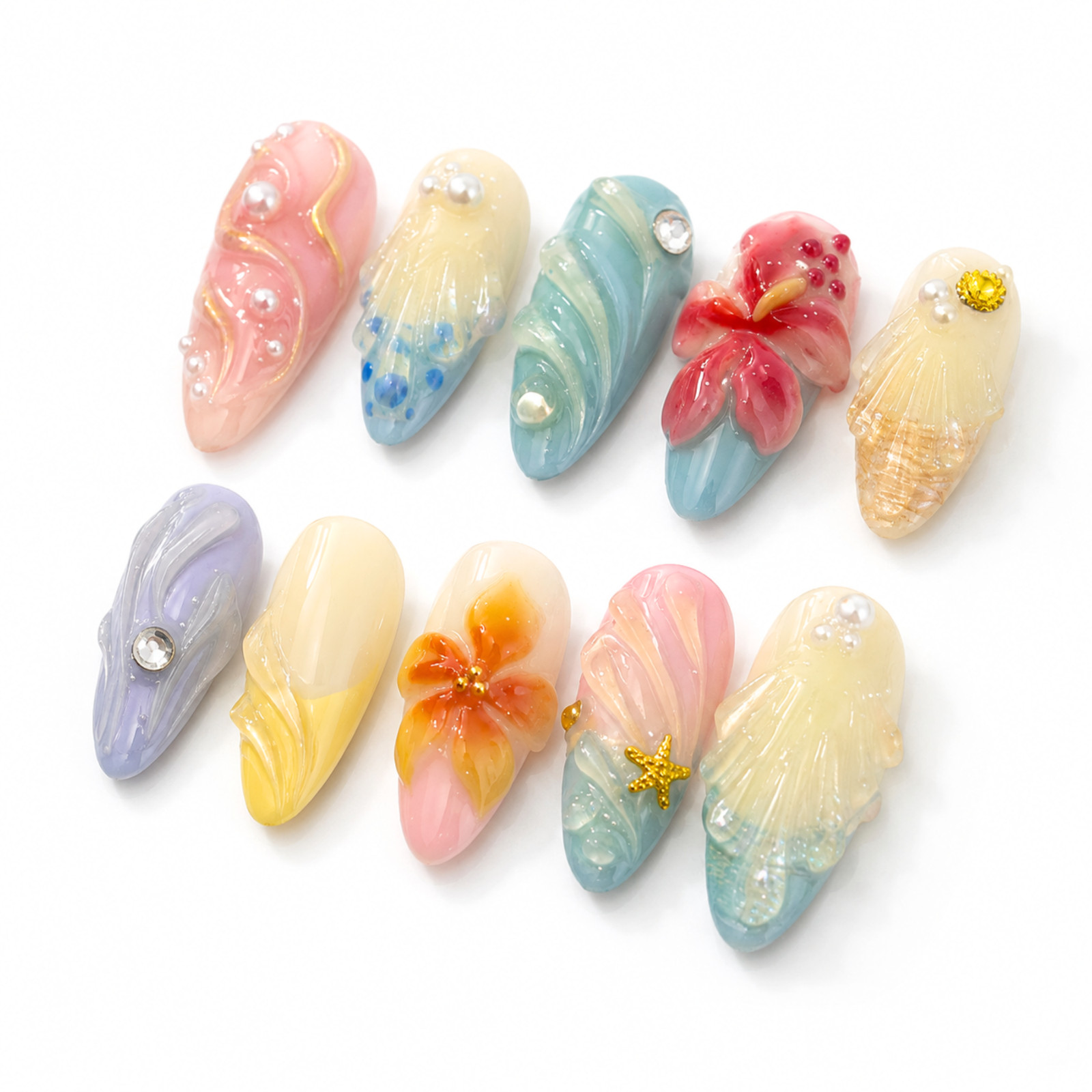Handmade Pastel Ocean Press On Nails 3D Floral Pearl Seashell Set