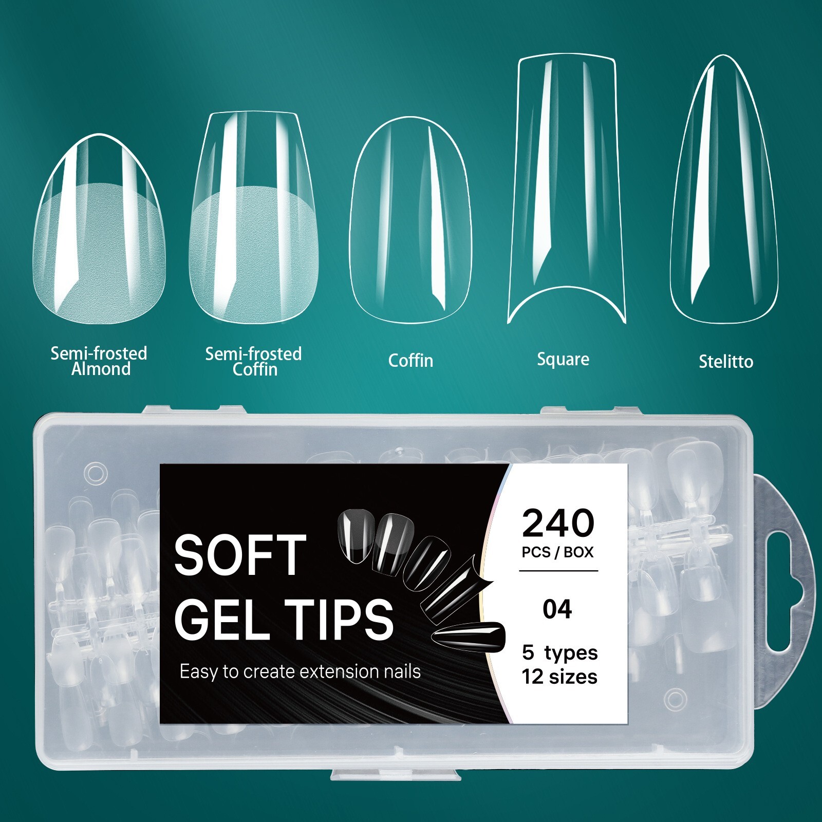 240pcs Nail Plate False Nail Tips 5 Mix Shapes Set Stiletto/Square/Coffin/Almond