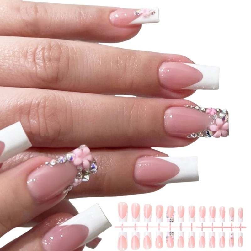 Unique 24Pcs Square Press On Nails with White French Tips and Embellishment
