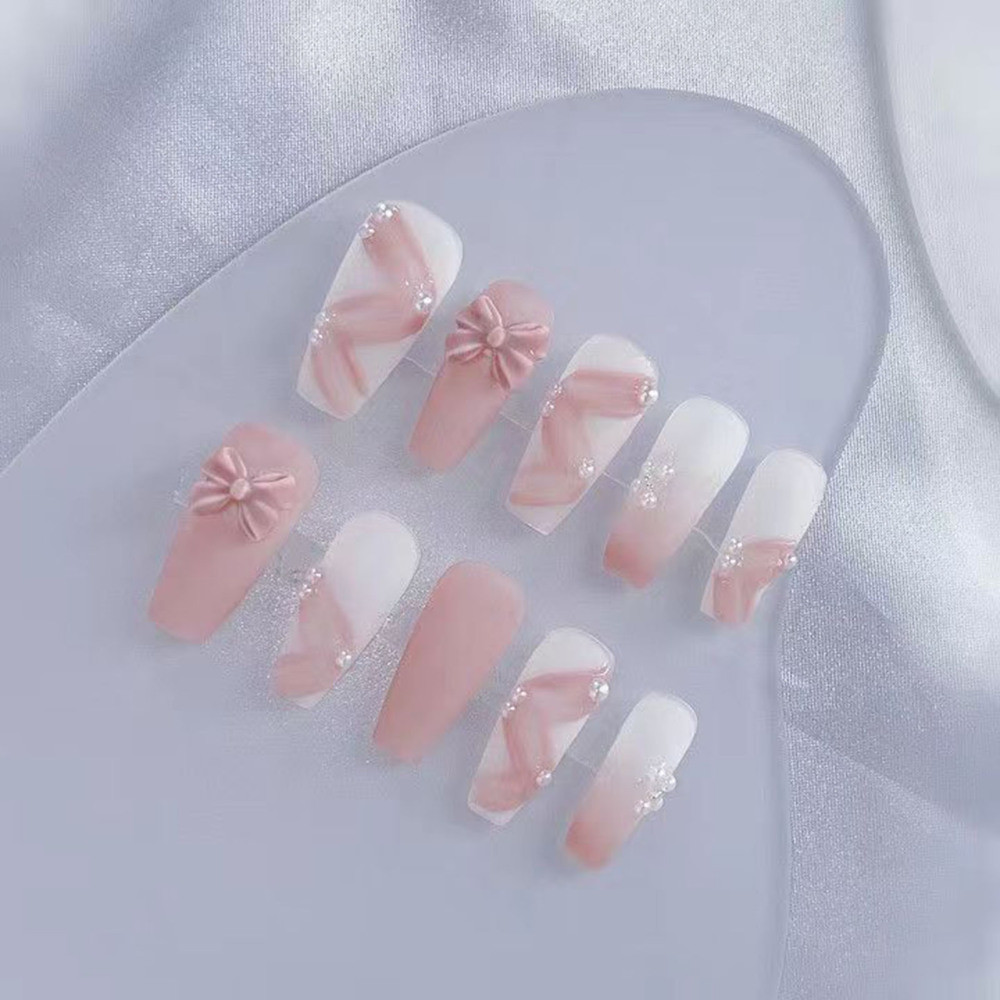 Long Coffin Fake Nail Pink Matte False Nail w/ Bow Bead French Tips Pres On Nail