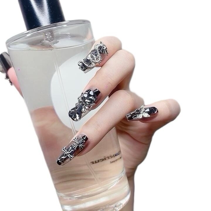 Press On Nails Long Coffin black dragon (#013) – High-Quality Durable