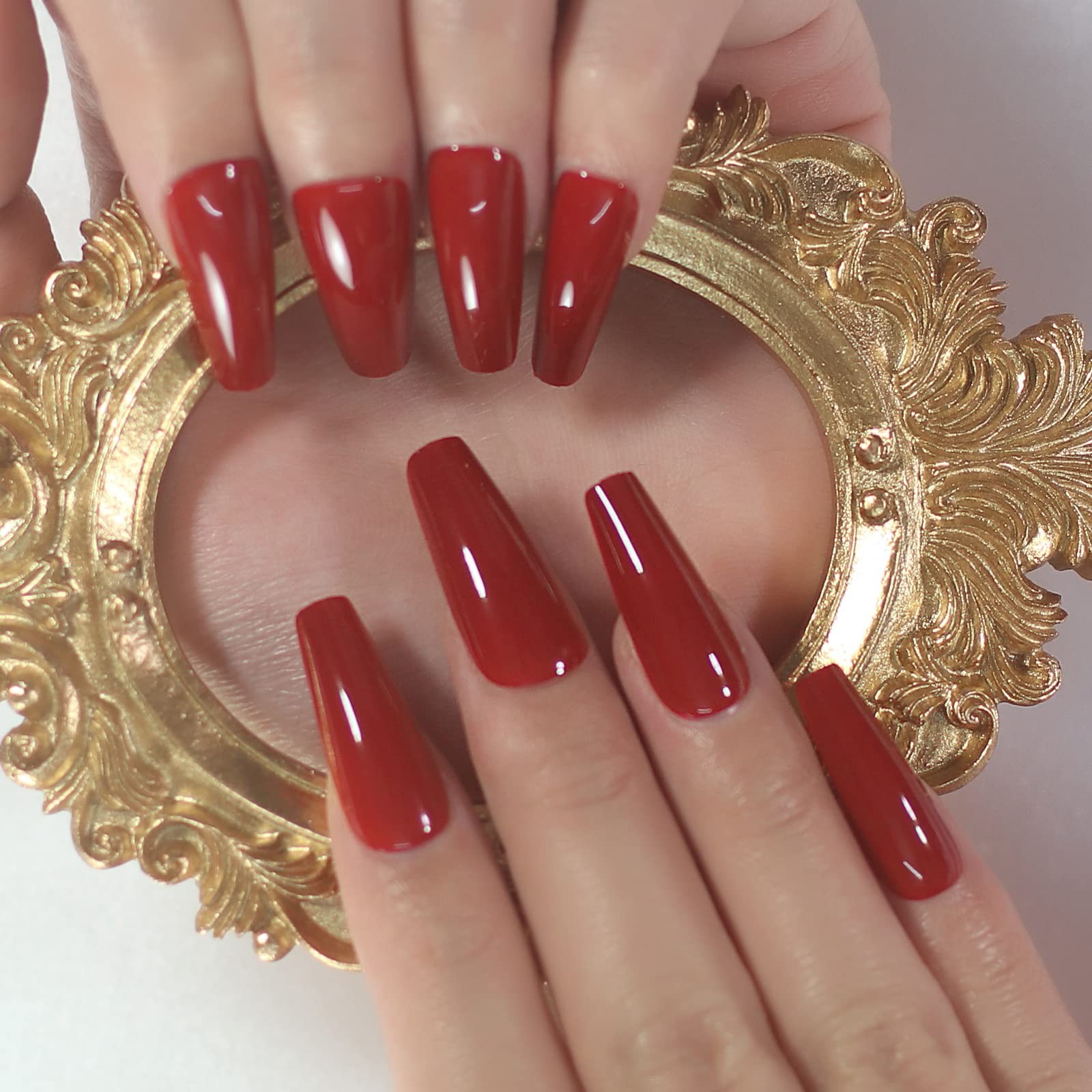 Glossy Red Press on Nails Medium Length Coffin False Nail Tips Reusable Full …