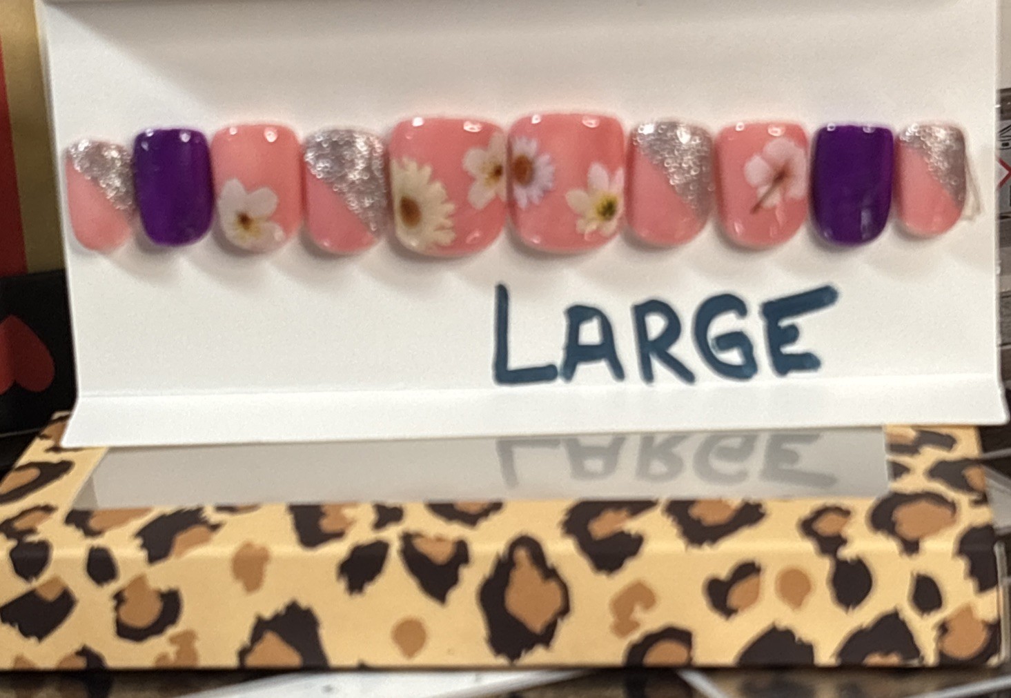 Customized Press On Nails Square-Size Large Pink&Purple w floral design&glitter