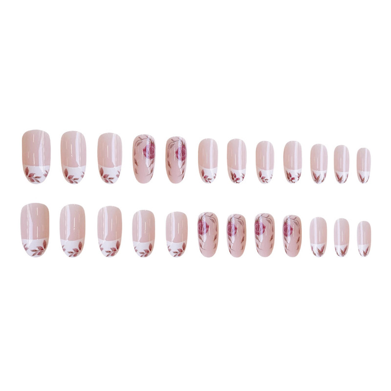 48P Long Almond Press on Nails, Nude Pink French Hand‑Painted Rose Fake Nails